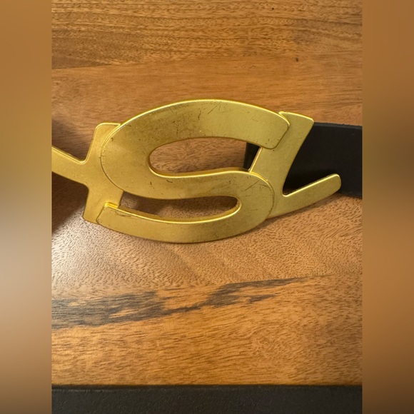 YSL Yves Saint Laurent Belt Brass Logo Black Leather - Picture 6 of 13